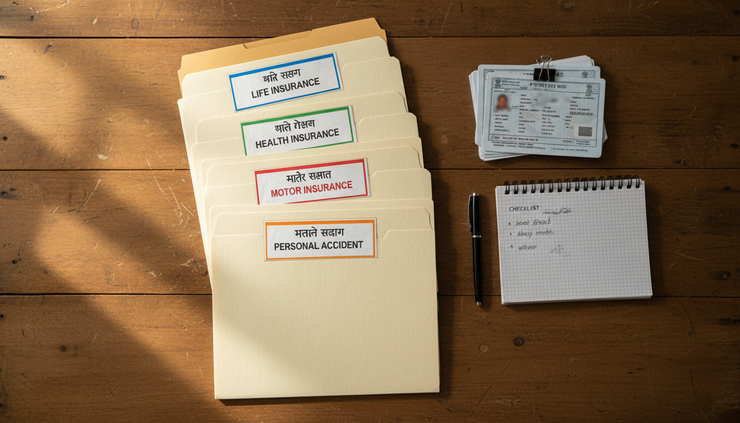 Top-down view of labelled insurance folders and identity documents