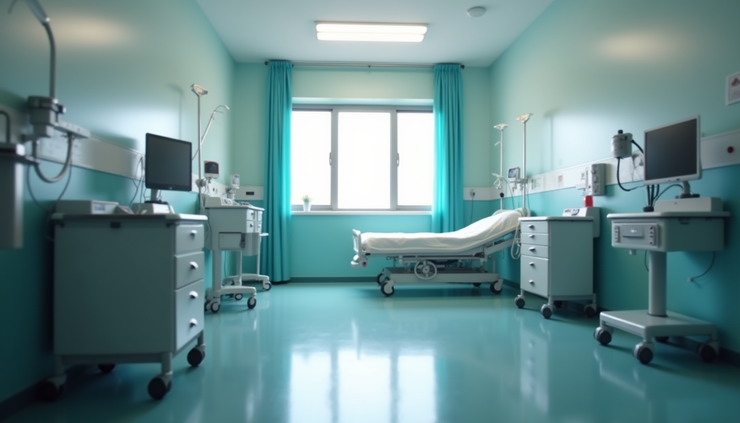 Eye-level view of a hospital room with medical equipment and bed
