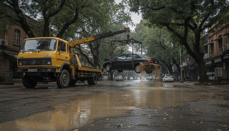 Eye-level view of a tow truck lifting a flood-affected car