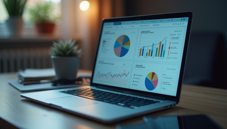 High angle view of a laptop screen showing AI-powered marketing analytics