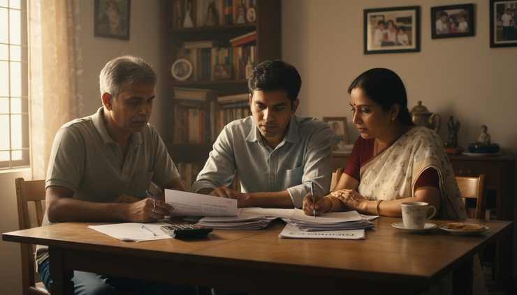 Eye-level view of a family reviewing insurance papers at a dining table