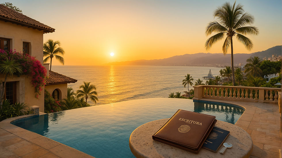 Sunset over ocean with palm trees and infinity pool. Foreground shows a leather folder labeled "ESCRITURA" and a key on a stone table.