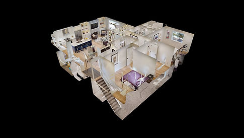 Detailed "Dollhouse" view from a 3D scan, providing an accurate, fully measured schematic floor plan and volumetric data of a luxury residence.