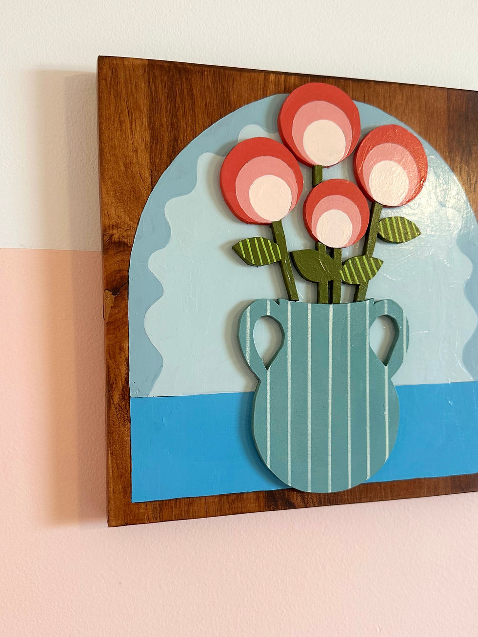 Thumbnail: 3D layered wooden art plaque with colorful flowers in a striped vase.