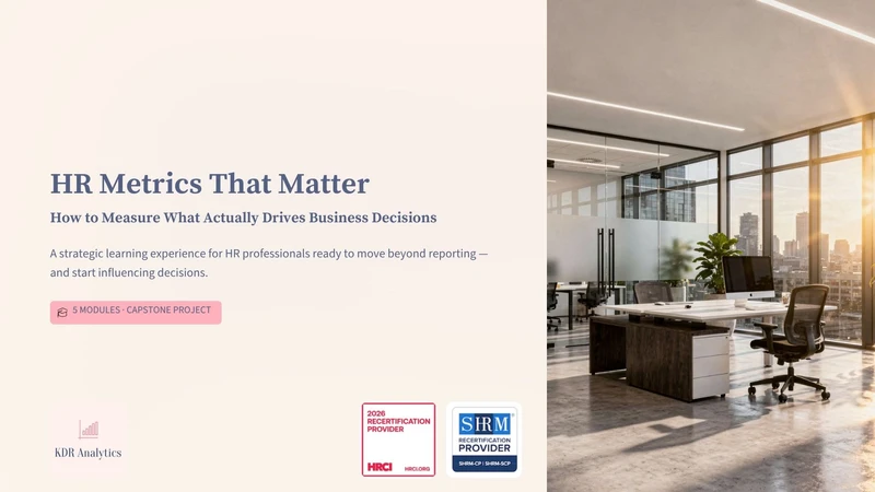 Cover slide for HR Metrics That Matter course featuring strategic HR analytics, workforce metrics, a
