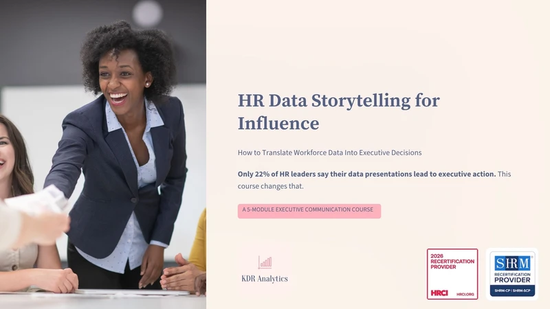 Cover slide for HR Data Storytelling for Influence course featuring executive communication, workfor