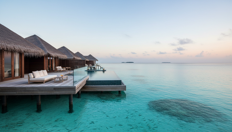 Wide-angle view of an overwater villa above clear turquoise water.