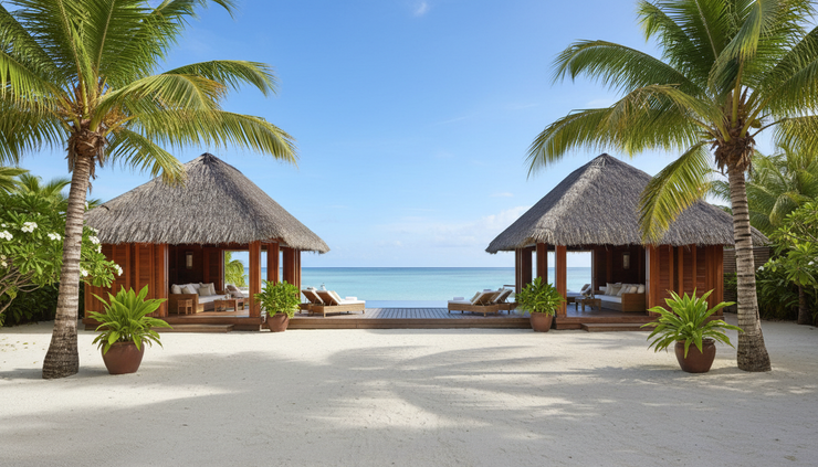 Eye-level view of a private beach villa framed by palm trees and white sand.