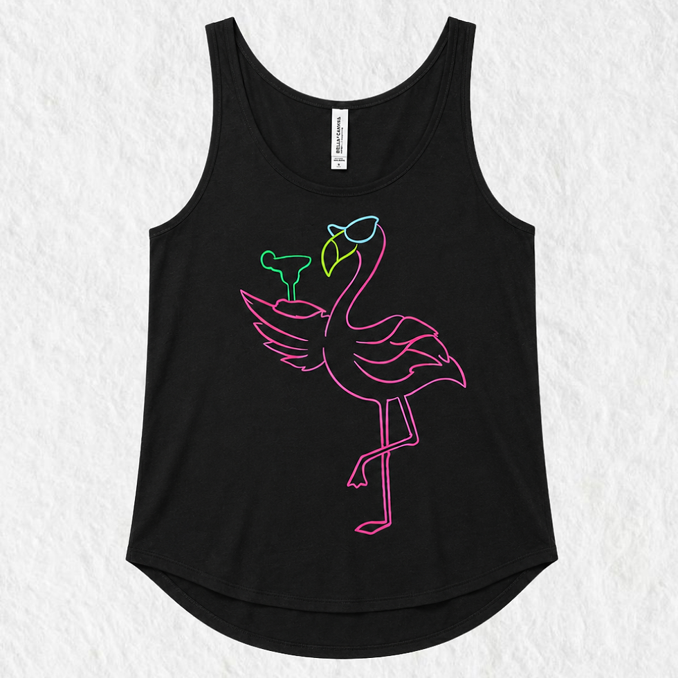 Front view of a neon flamingo black women's tank top