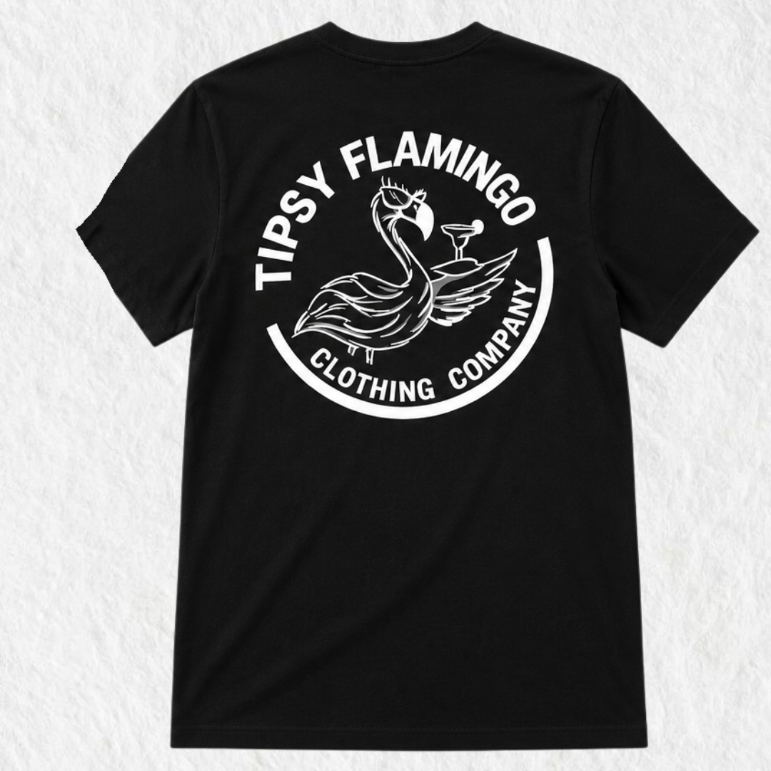 Back view of our flamingo graphic black unisex tee