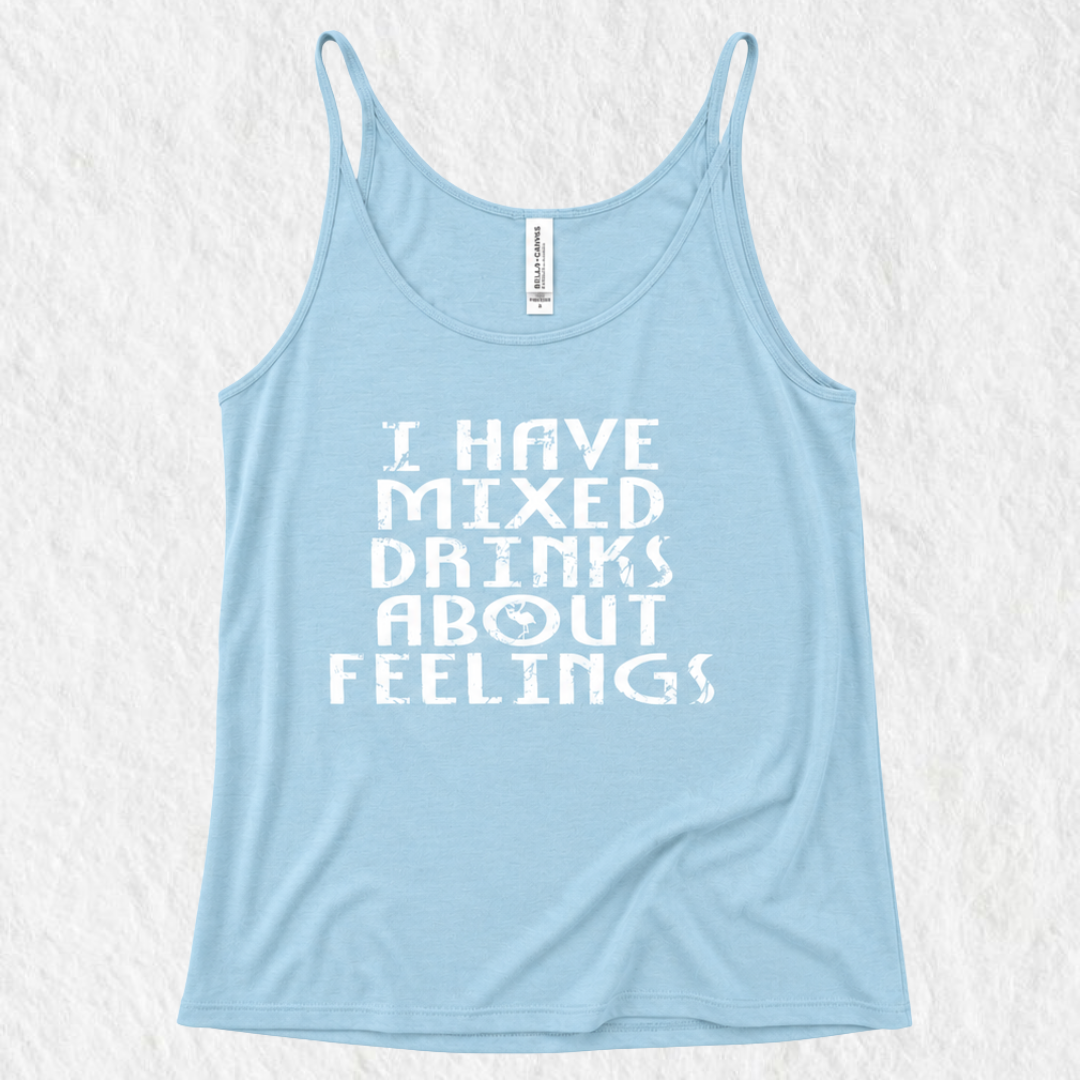 Front view of a blue cocktail related graphic tank top