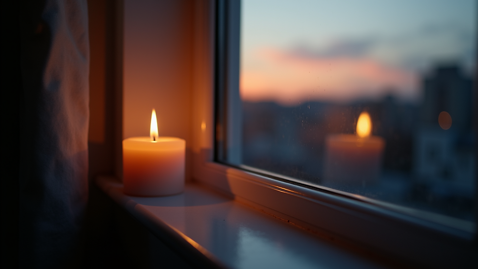 Close-up view of a lit candle on a windowsill at dusk