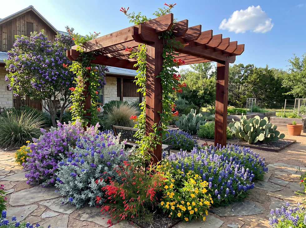Cottage style Texas garden with Eastern Red Cedar pergola