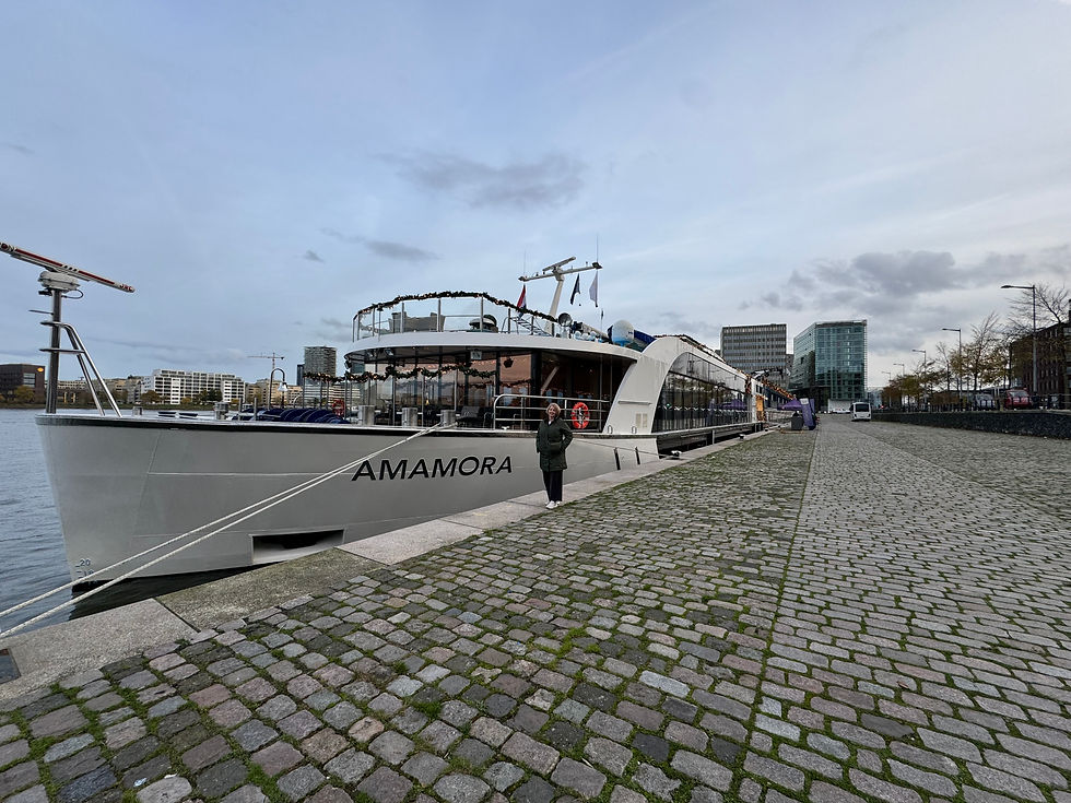 River Cruise Expert Mary Graham ready to board the AmaMora in Amsterdam