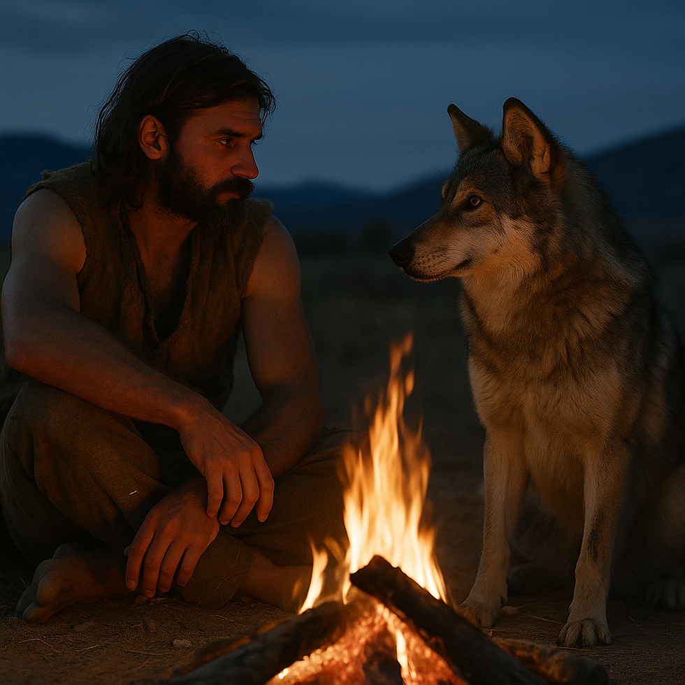Man and wolf sit by a campfire at dusk, gazing at each other. Mountains in the background, orange flames illuminate the scene.