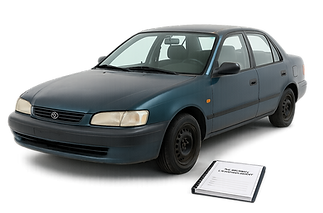 Older sedan undergoing a pre-insurance engineering inspection with vehicle condition repor