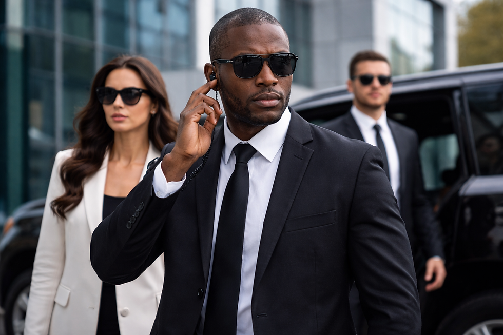 Professional bodyguard providing close protection to a client while monitoring surrounding