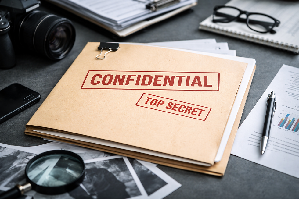 Confidential folder with business reports and charts representing corporate investigations and sensitive case files