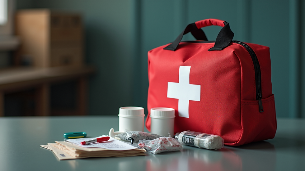 Close-up view of emergency response training materials and first aid kit