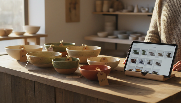 Vista a ras de mostrador de una tablet junto a productos artesanales preparados para vender