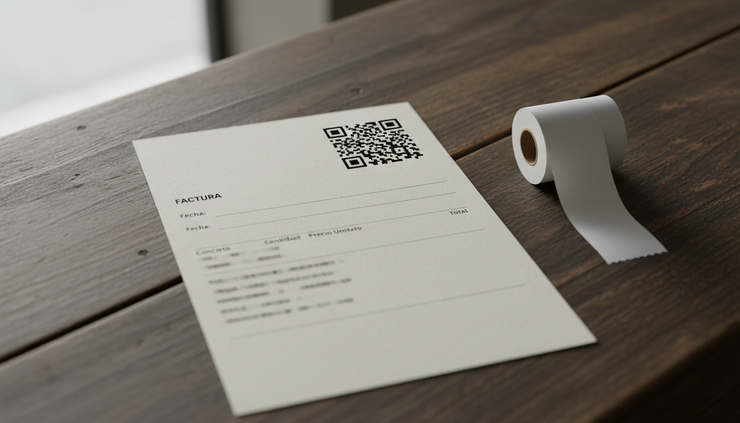 Primer plano de una factura genérica con un código QR impreso sobre un mostrador de madera.