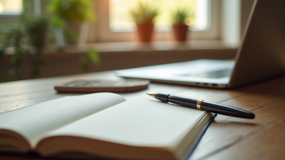 Close-up view of a journal and pen on a wooden desk, symbolizing reflection and personal growth