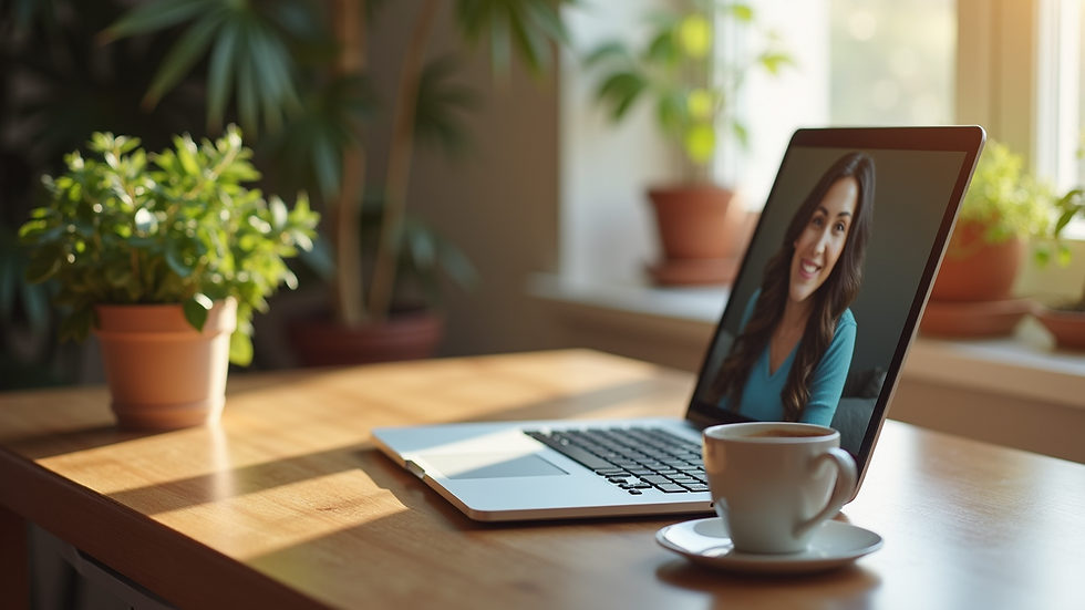 High angle view of a laptop and coffee cup on a desk, symbolizing virtual therapy and convenience