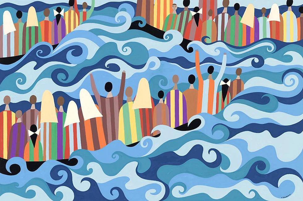 Art is by Lebanese-American artist, Helen Zughaib, and is titled "Syrian Migration Series (Struggle) # 36", 2021