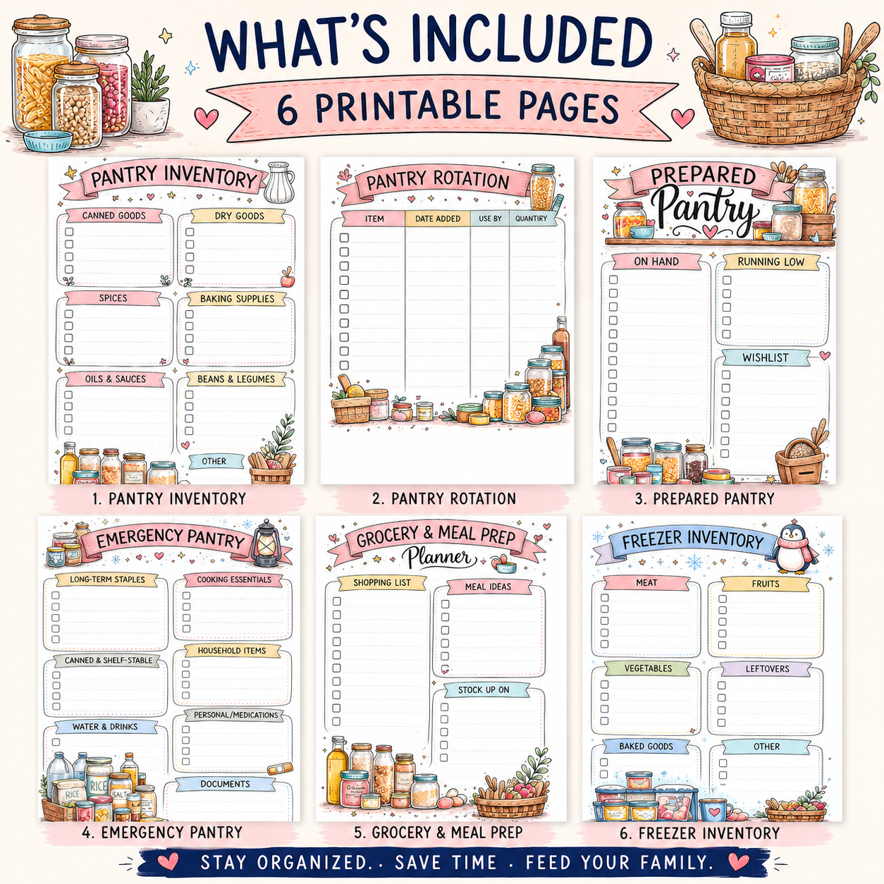 Six included pages: pantry inventory, pantry rotation, prepared pantry, emergency pantry, grocery and meal prep, and freezer inventory