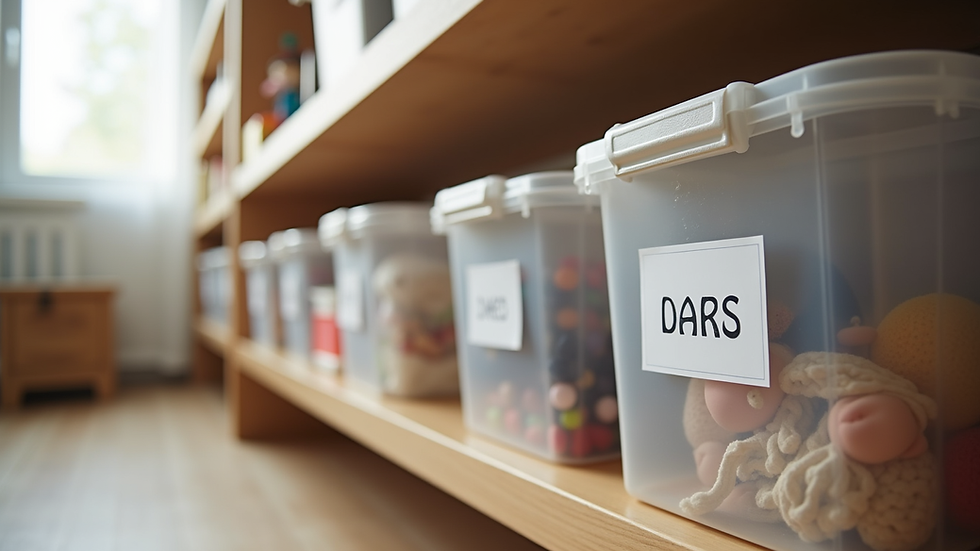 Eye-level view of a homeschool room with labeled clear storage bins on shelves
