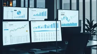 create an image showing lots of monitors in a dark, glass office displaying social media analytics demonstrating growth and increased sales