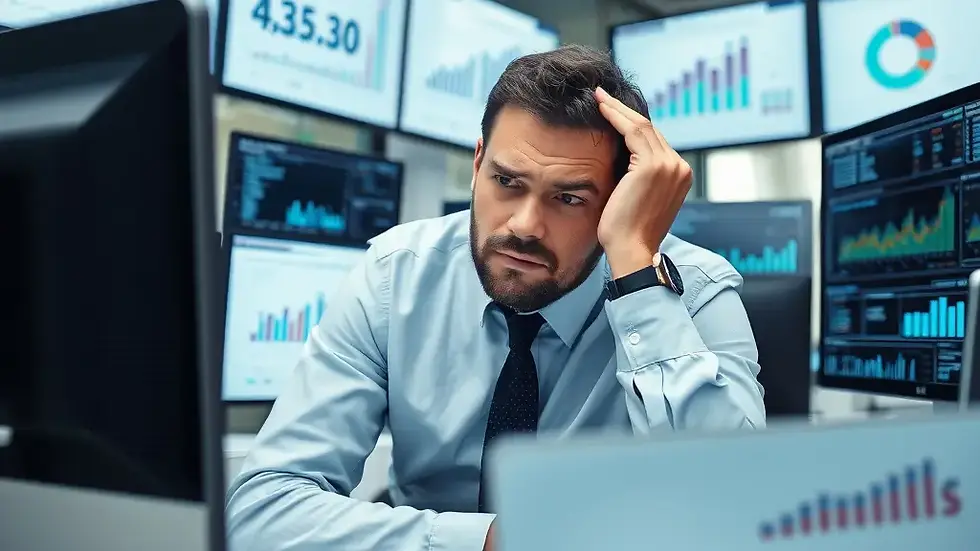 UK business owner analysing poor marketing performance and website analytics on office screens