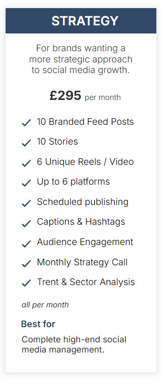 Social Media Strategy package – £295 per month featuring advanced content planning, video creation, engagement and monthly strategy calls.