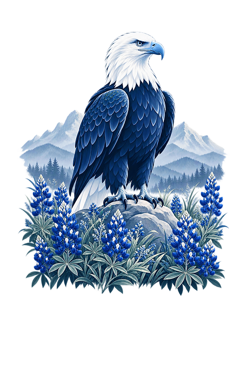 Alamo Heights Texas bald eagle with bluebonnets and distant mountains
