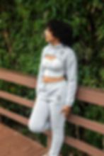 Model wearing 3PC Flex Crop Sweatsuit grey