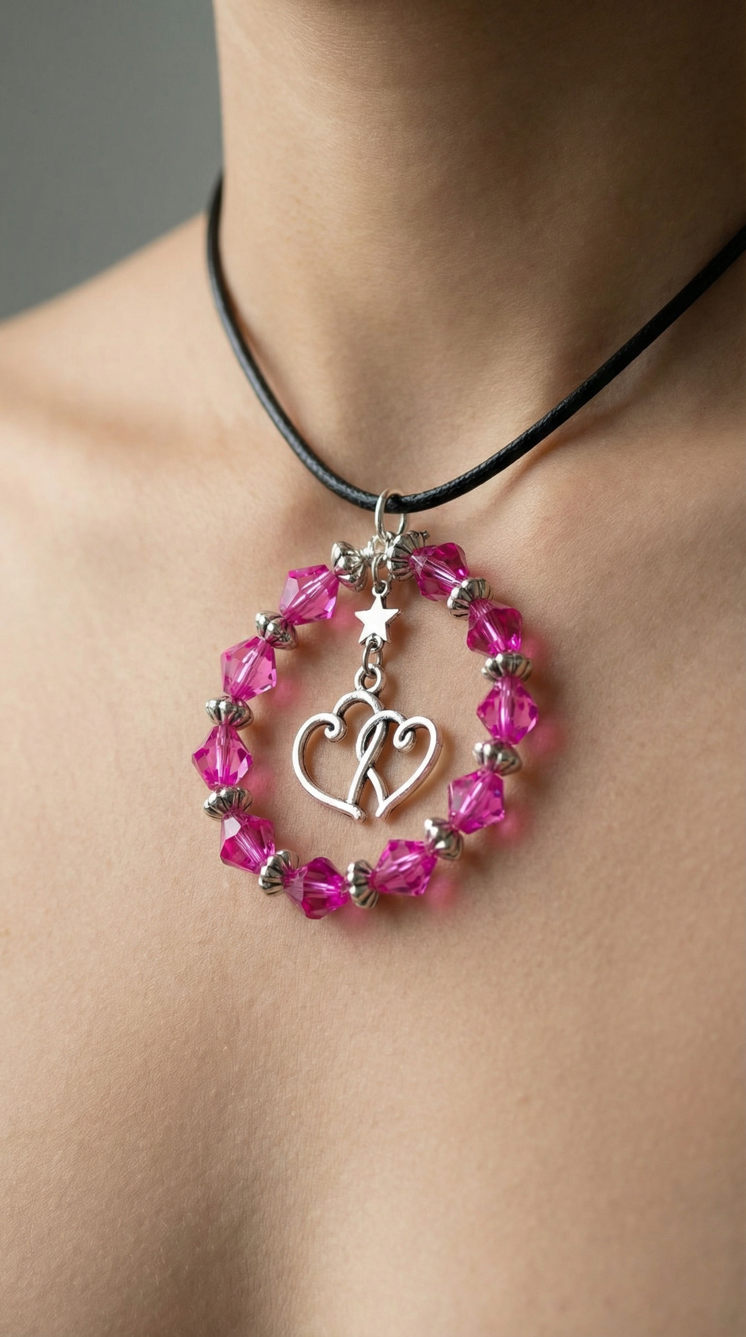 Double heart pink beaded necklace