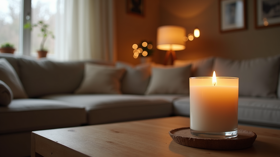 Eye-level view of a cozy living room with a lit soy wax candle on a wooden table