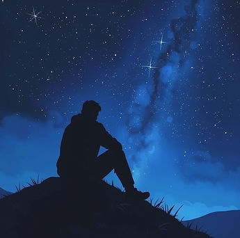 sad man sitting on hill looking up silh