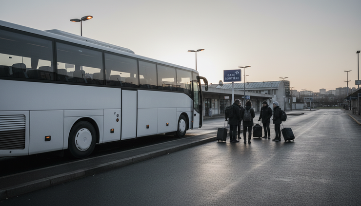 Vue grand angle d’un autocar blanc stationné dans une gare routière française