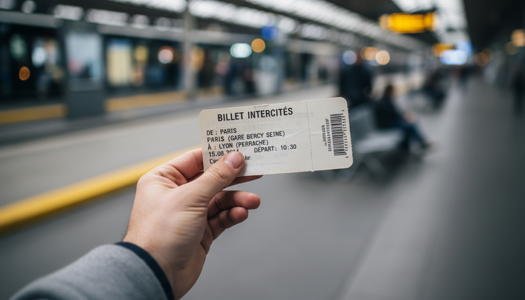 Gros plan d’un billet de car imprimé tenu devant les quais d’une gare routière