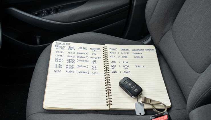 Overhead view of handwritten ride notes beside a car key on a passenger seat