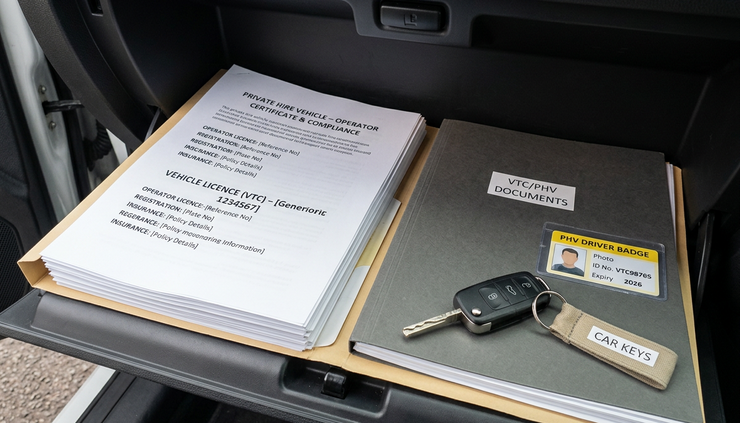 Close-up view of a vehicle glove compartment containing transport documents and a car key