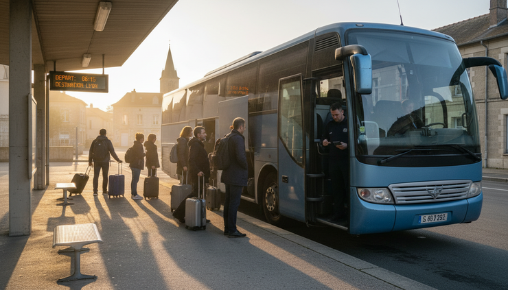 Vue à hauteur d’homme de voyageurs montant dans un autocar sans logo avec leurs bagages
