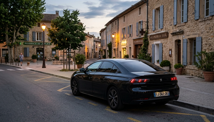 Wide-angle view of a black VTC car waiting near a quiet curb at dusk