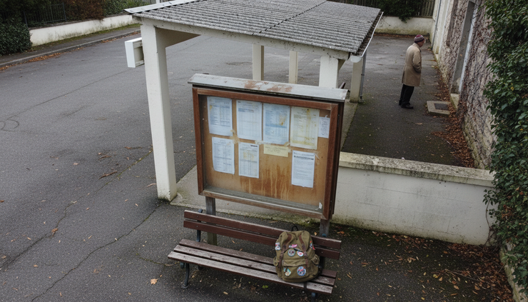 Vue plongeante d’un panneau d’horaires dans une petite gare routière.