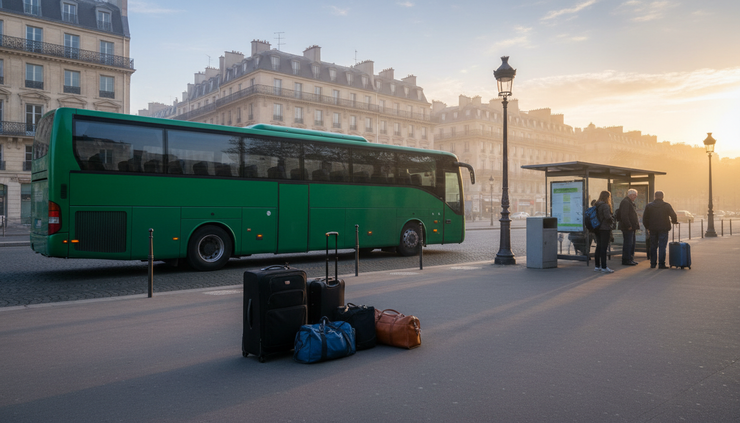 Vue grand-angle d’un autocar vert stationné près d’un arrêt urbain avec des valises au premier plan.