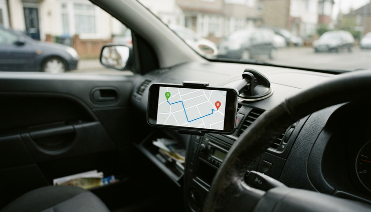 Eye-level view of a smartphone showing a simple route map inside a parked VTC car