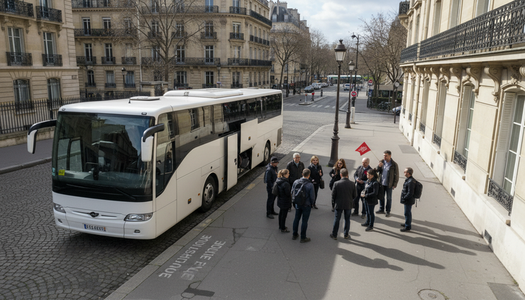 Vue plongeante d’une zone de dépose avec un groupe de visiteurs près d’un car blanc.
