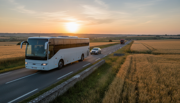 Vue latérale d’un autocar roulant sur une route nationale au lever du soleil