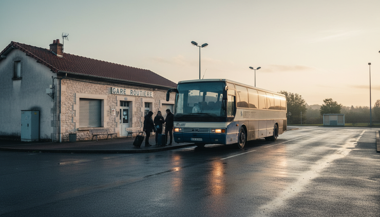 Vue grand angle d’un autocar longue distance à quai dans une gare routière française.